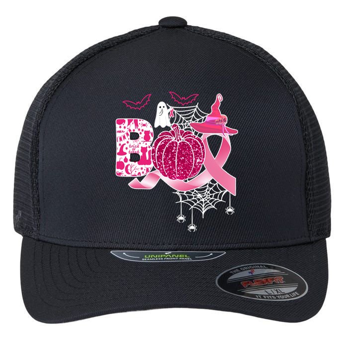 Boo Halloween Pumpkin Pink Ribbon Witch Ghost Breast Cancer Flexfit Unipanel Trucker Cap