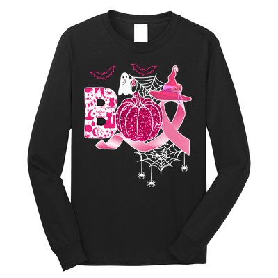 Boo Halloween Pumpkin Pink Ribbon Witch Ghost Breast Cancer Long Sleeve Shirt