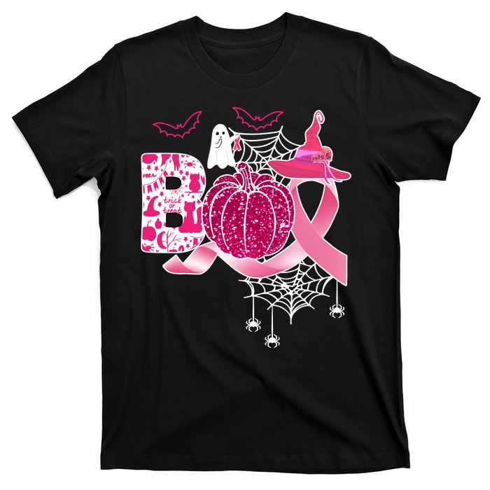 Boo Halloween Pumpkin Pink Ribbon Witch Ghost Breast Cancer T-Shirt