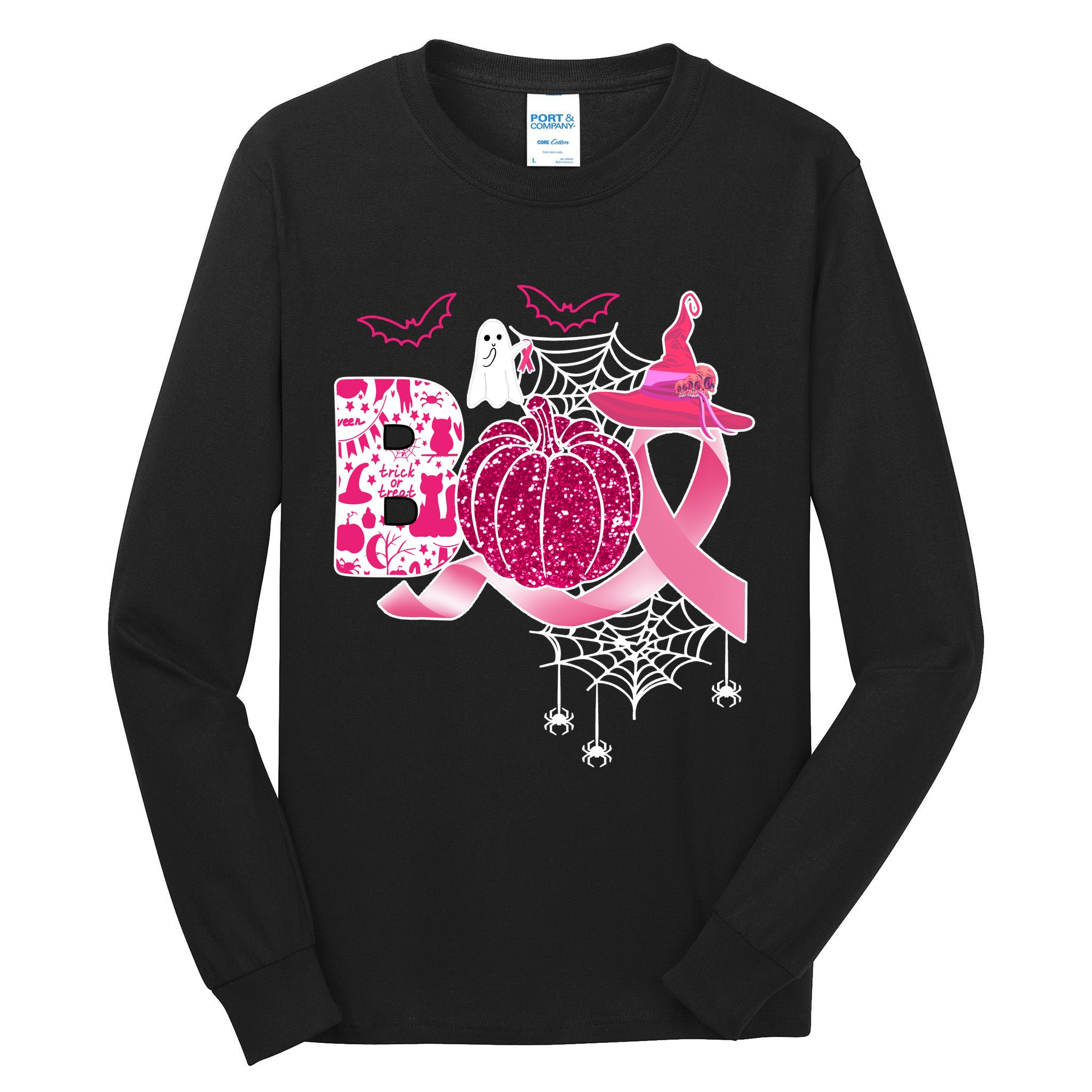 Boo Halloween Pumpkin Pink Ribbon Witch Ghost Breast Cancer Tall Long Sleeve T-Shirt