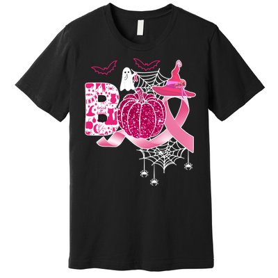 Boo Halloween Pumpkin Pink Ribbon Witch Ghost Breast Cancer Premium T-Shirt