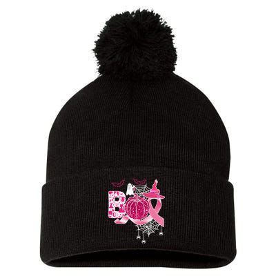 Boo Halloween Pumpkin Pink Ribbon Witch Ghost Breast Cancer Pom Pom 12in Knit Beanie