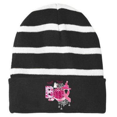 Boo Halloween Pumpkin Pink Ribbon Witch Ghost Breast Cancer Striped Beanie with Solid Band