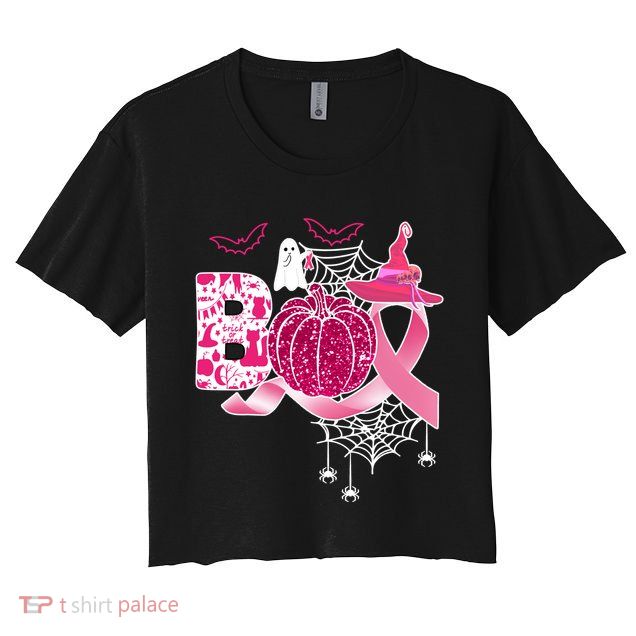 Boo Halloween Pumpkin Pink Ribbon Witch Ghost Breast Cancer Crop Top