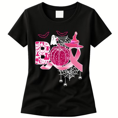 Boo Halloween Pumpkin Pink Ribbon Witch Ghost Breast Cancer Womens T-Shirt