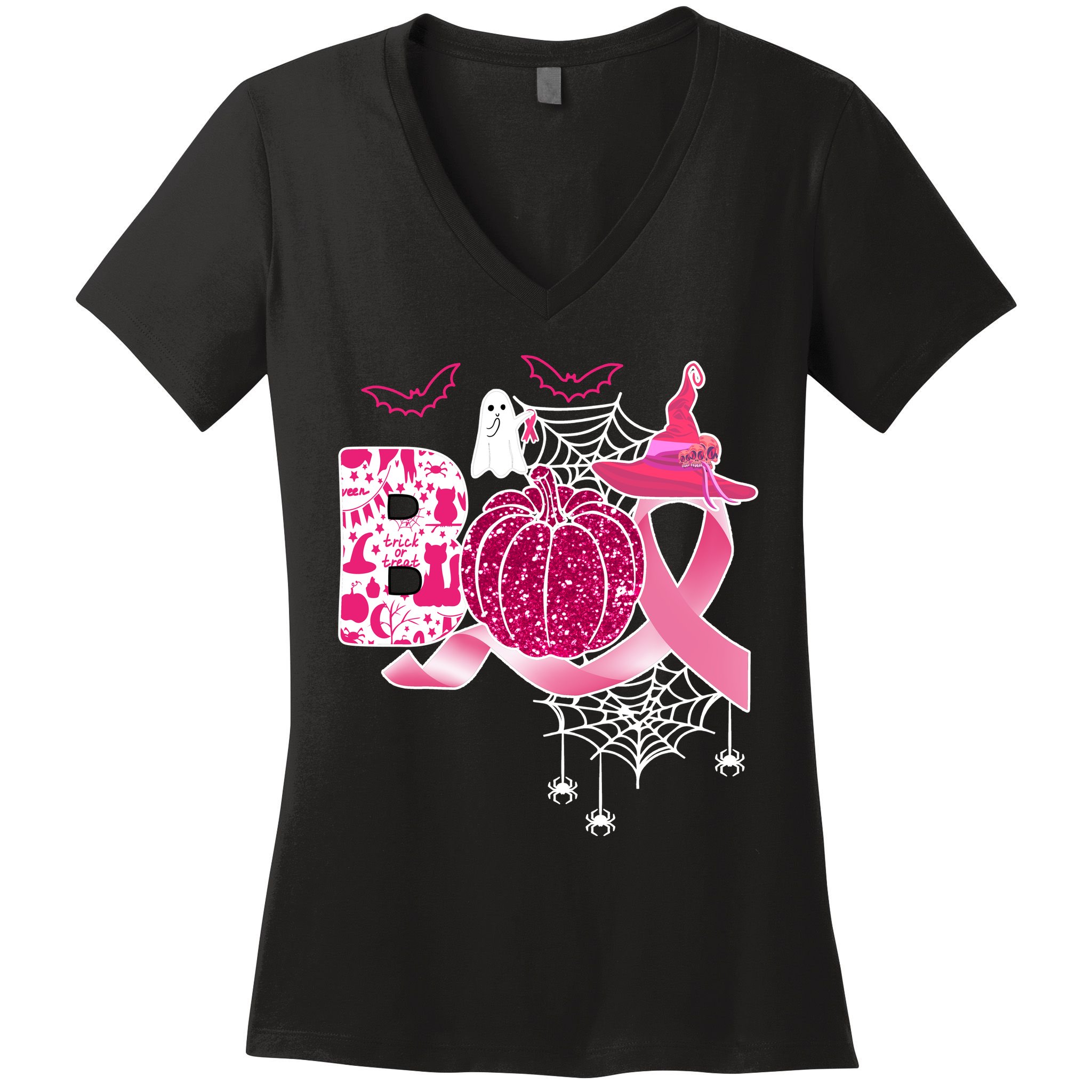 Boo Halloween Pumpkin Pink Ribbon Witch Ghost Breast Cancer Women's V-Neck T-Shirt