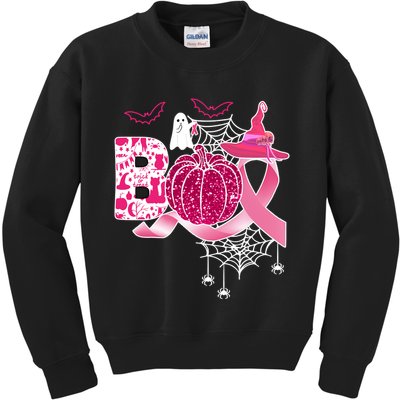 Boo Halloween Pumpkin Pink Ribbon Witch Ghost Breast Cancer Kids Sweatshirt