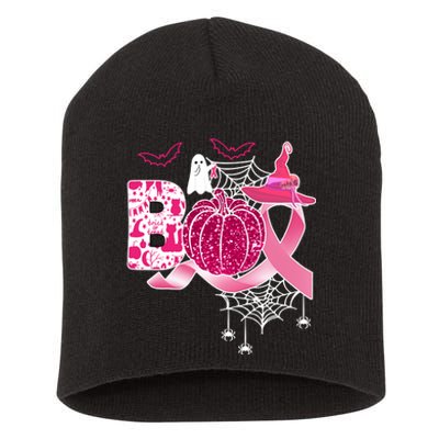 Boo Halloween Pumpkin Pink Ribbon Witch Ghost Breast Cancer Short Acrylic Beanie