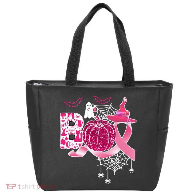 Boo Halloween Pumpkin Pink Ribbon Witch Ghost Breast Cancer Zip Tote Bag