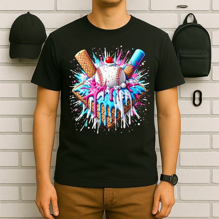 Baseball Home Plate Drip Ice Cream Spinkle Baseball Home Plate Ice Cream Drip Fun Sports Lover  T-Shirt
