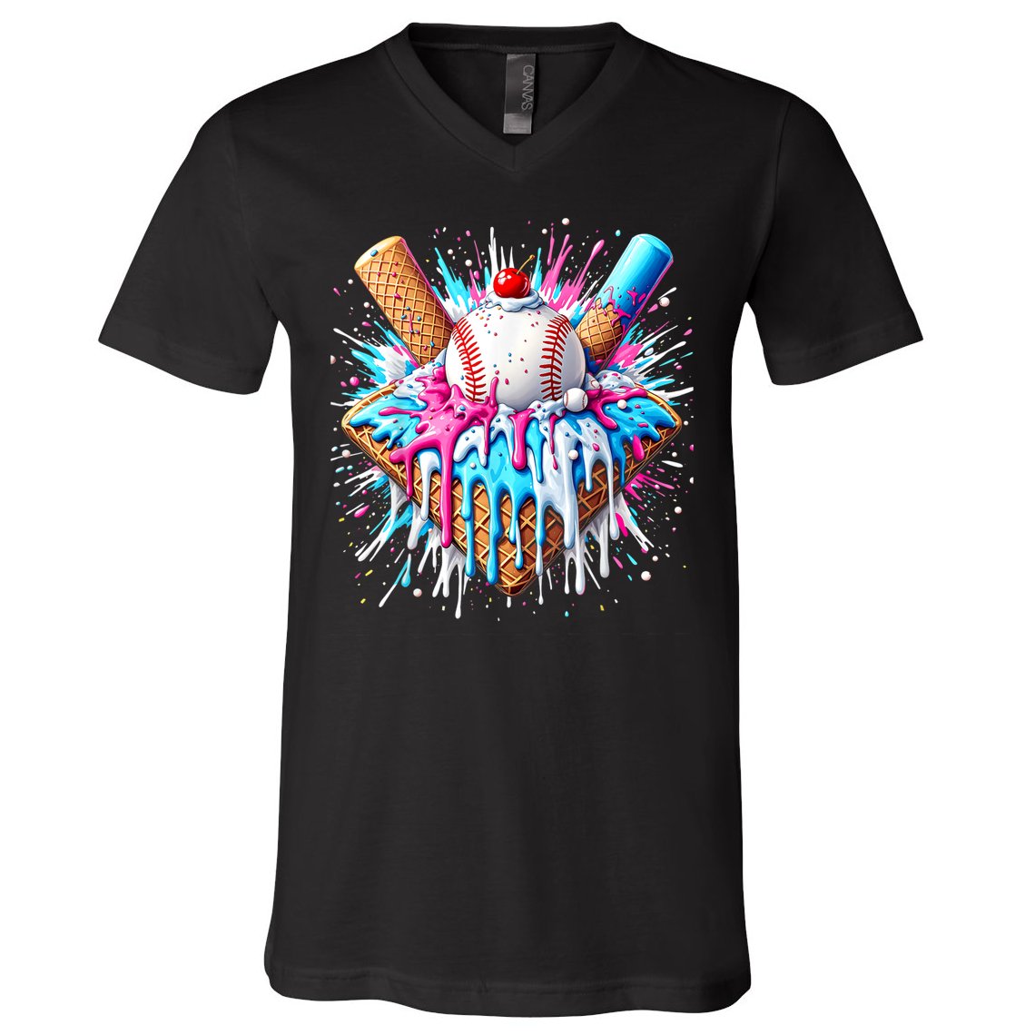 Baseball Home Plate Drip Ice Cream Spinkle Baseball Home Plate Ice Cream Drip Fun Sports Lover  V-Neck T-Shirt