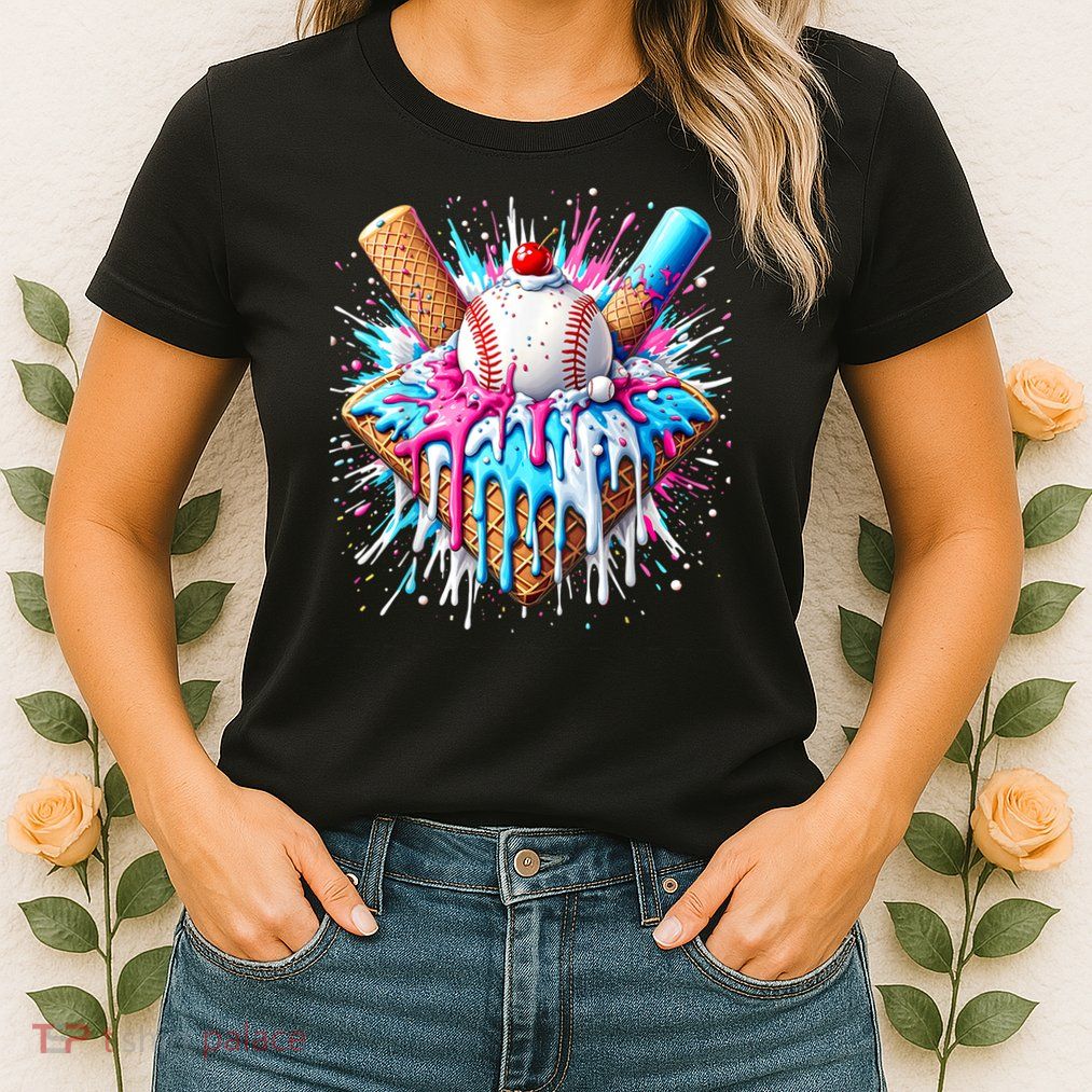 Baseball Home Plate Drip Ice Cream Spinkle Baseball Home Plate Ice Cream Drip Fun Sports Lover  Womens T-Shirt