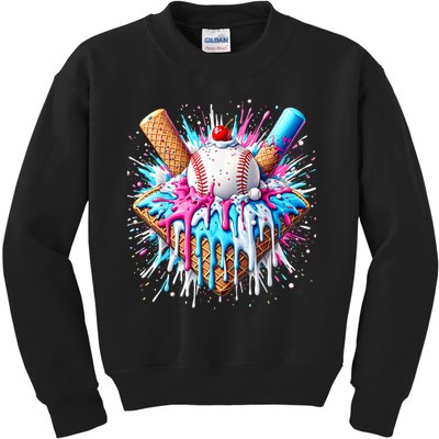 Baseball Home Plate Drip Ice Cream Spinkle Baseball Home Plate Ice Cream Drip Fun Sports Lover  Kids Sweatshirt