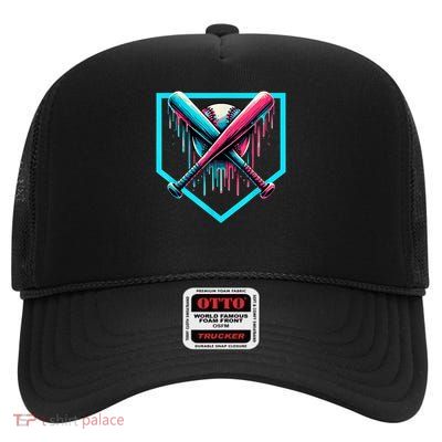 Baseball Home Plate Drip Boys Baseball Bat Baseball Drip High Crown Mesh Back Trucker Hat