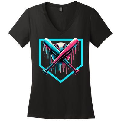 Baseball Home Plate Drip Boys Baseball Bat Baseball Drip Women's V-Neck T-Shirt