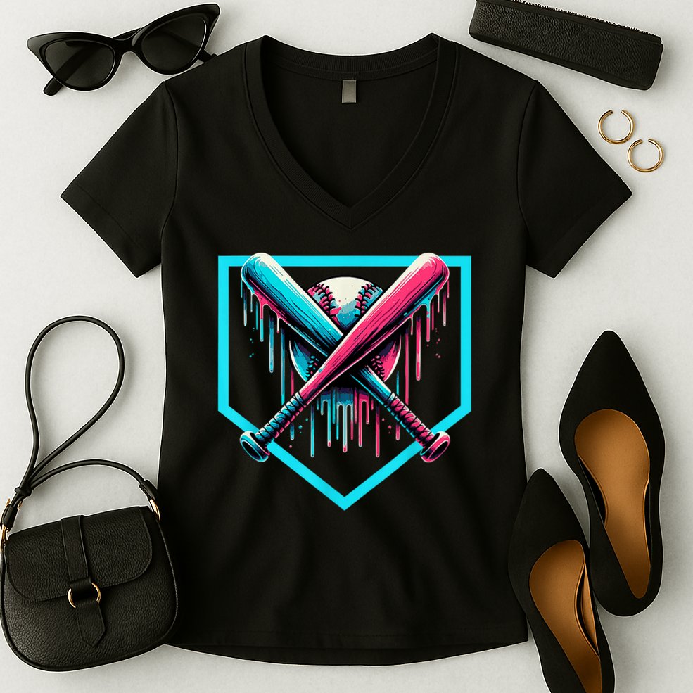 Baseball Home Plate Drip Boys Baseball Bat Baseball Drip Women's V-Neck T-Shirt