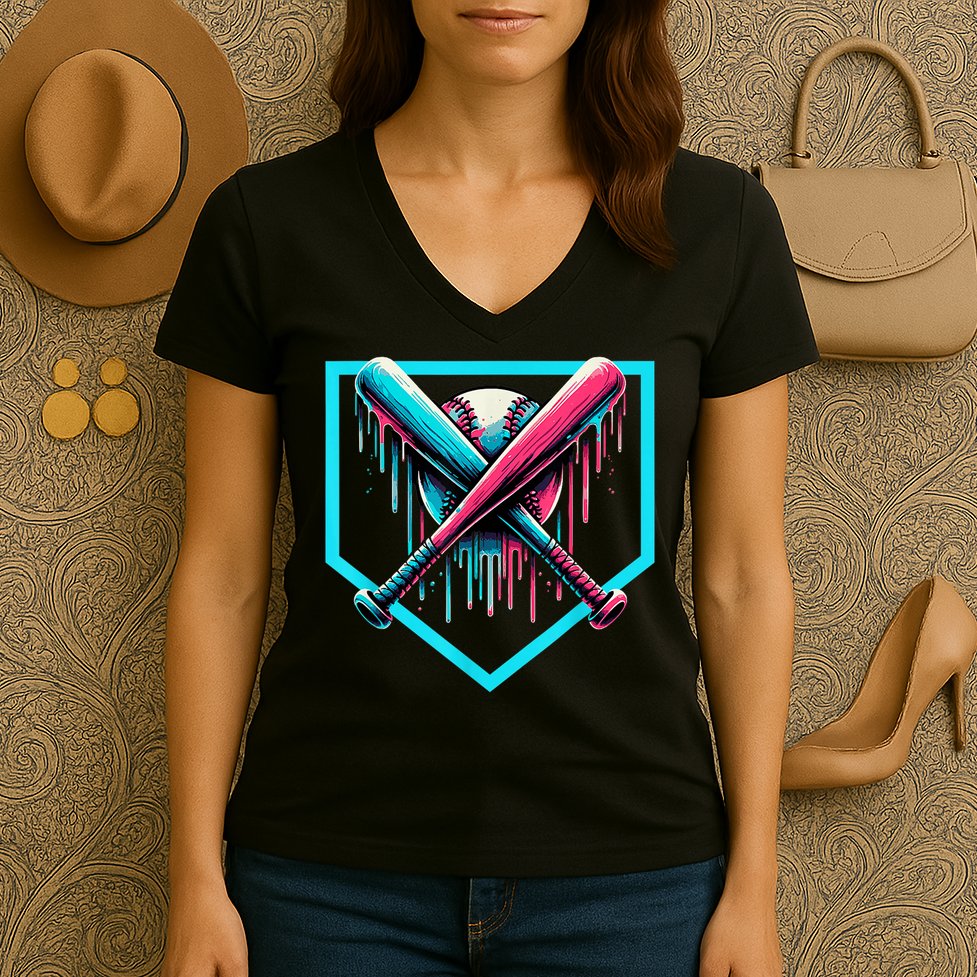 Baseball Home Plate Drip Boys Baseball Bat Baseball Drip Women's V-Neck T-Shirt
