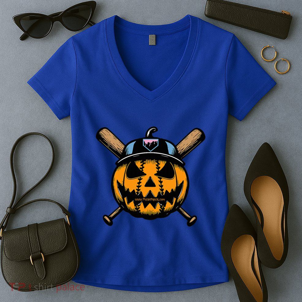 B.A.S.E.B.A.L.L Home Plate Drip Halloween Pumpkin Women's V-Neck T-Shirt