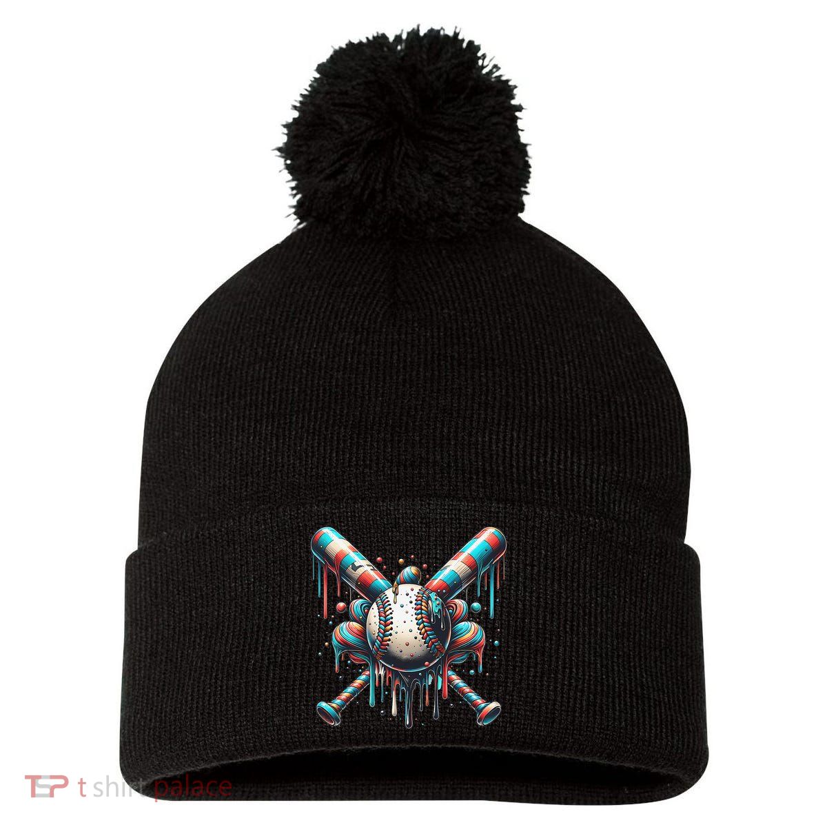 Baseball Home Plate Ice Cream Drip Baseball With Sprinkles Pom Pom 12in Knit Beanie