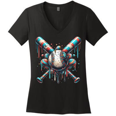 Baseball Home Plate Ice Cream Drip Baseball With Sprinkles Women's V-Neck T-Shirt