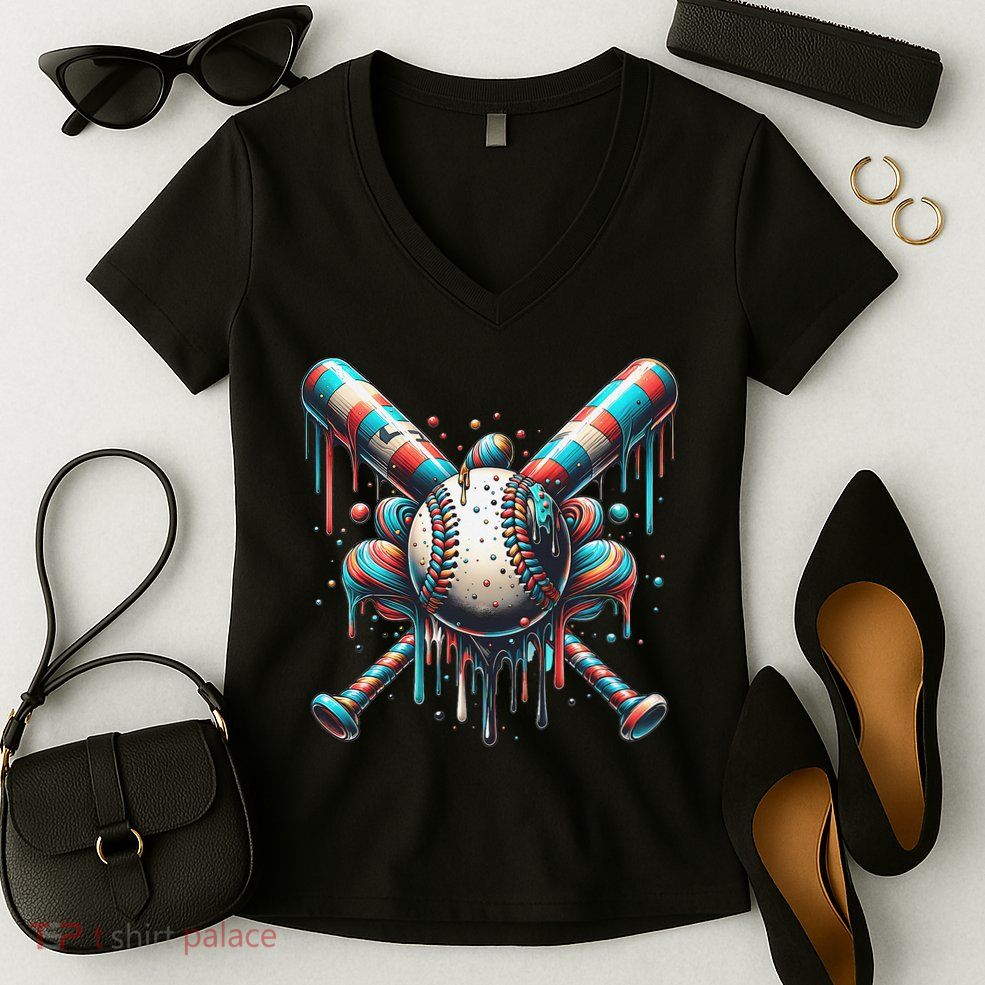 Baseball Home Plate Ice Cream Drip Baseball With Sprinkles Women's V-Neck T-Shirt