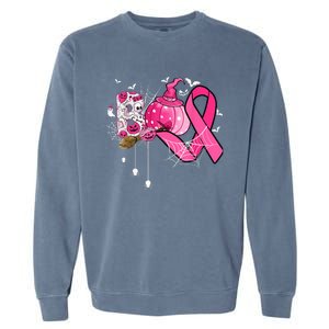 Boo Halloween Pumpkin Pink Ribbon Witch Breast Cancer Garment-Dyed Sweatshirt