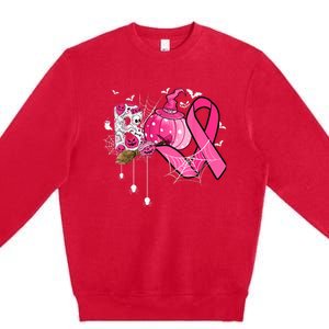 Boo Halloween Pumpkin Pink Ribbon Witch Breast Cancer Premium Crewneck Sweatshirt