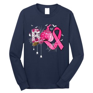 Boo Halloween Pumpkin Pink Ribbon Witch Breast Cancer Long Sleeve Shirt