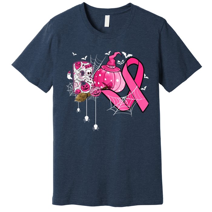 Boo Halloween Pumpkin Pink Ribbon Witch Breast Cancer Premium T-Shirt