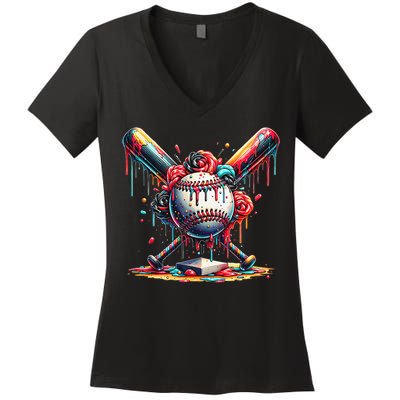 Baseball Home Plate Ice Cream Drip Baseball With Sprinkles Women's V-Neck T-Shirt