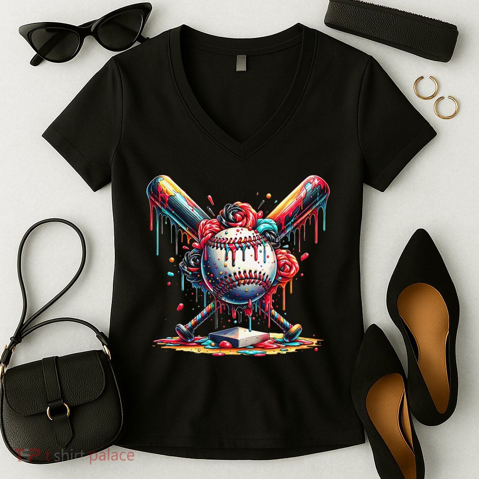Baseball Home Plate Ice Cream Drip Baseball With Sprinkles Women's V-Neck T-Shirt