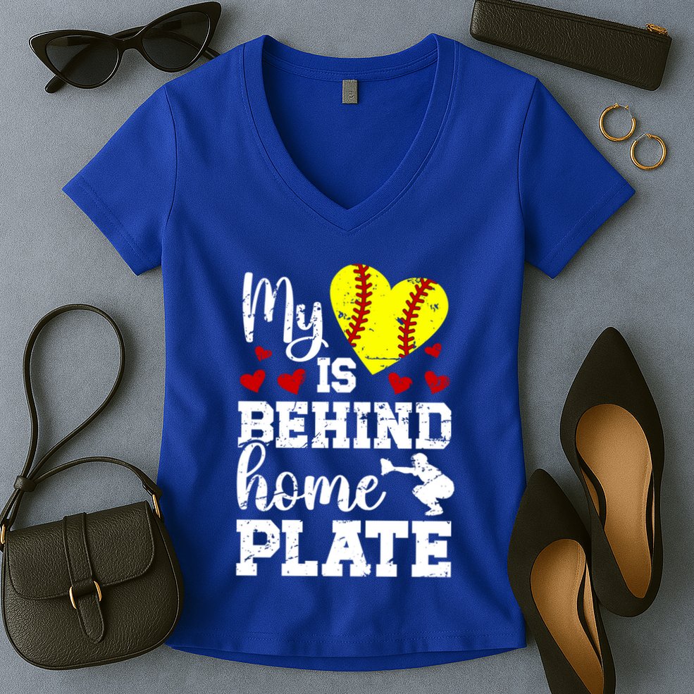 Behind Home Plate Softball Catcher Mom Softball Catcher Mama Cool Gift Women's V-Neck T-Shirt