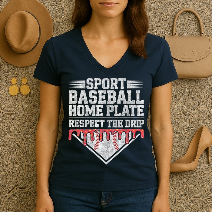 Baseball Home Plate Drip For Who Respect The Drip Ice Cream Women's V-Neck T-Shirt