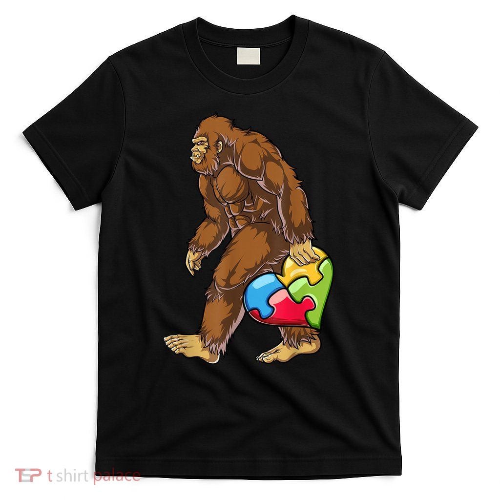 Bigfoot Heart Puzzle Piece Autism Awareness Boys Men T-Shirt