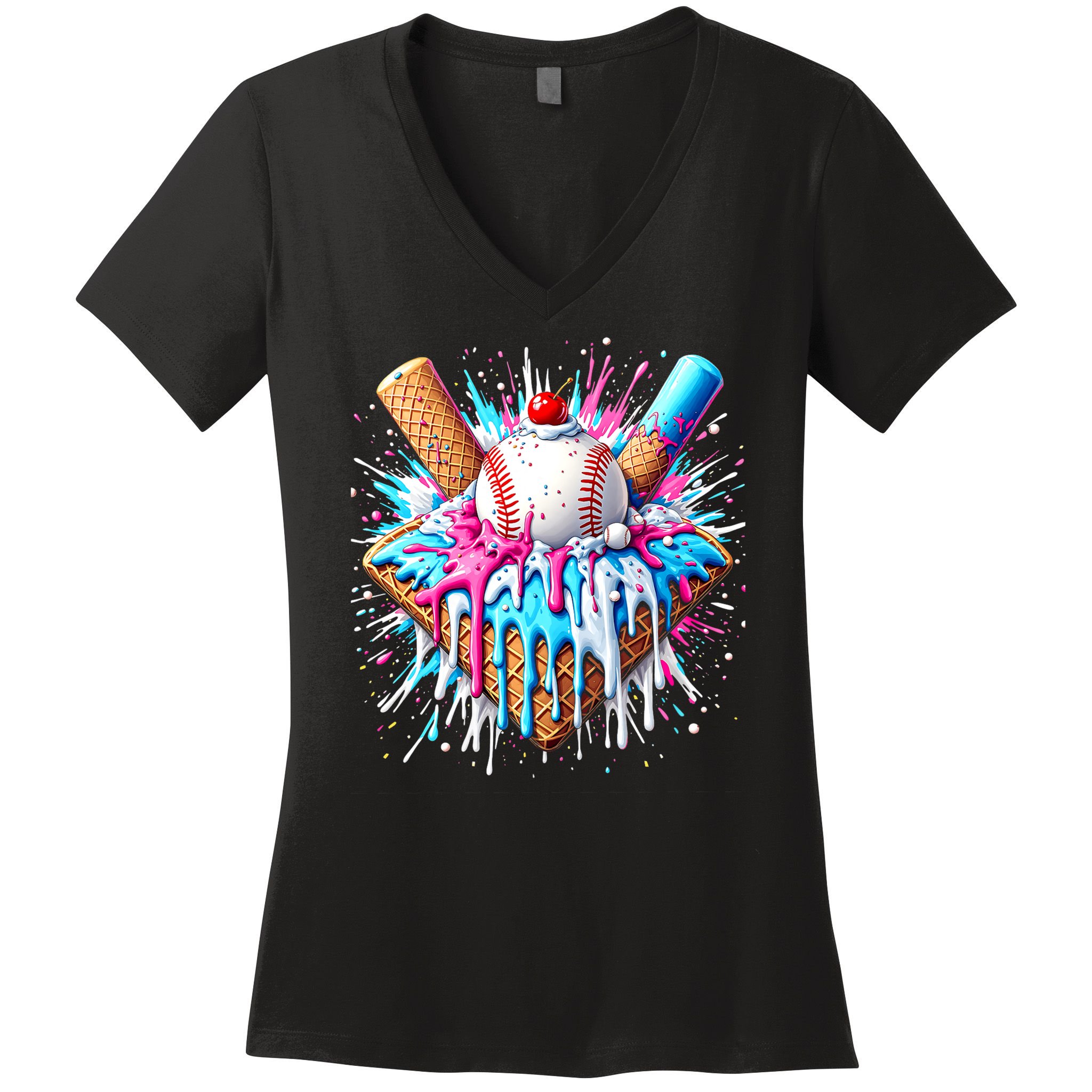 Baseball Home Plate Ice Cream Drip Fun Sports Lover Women's V-Neck T-Shirt