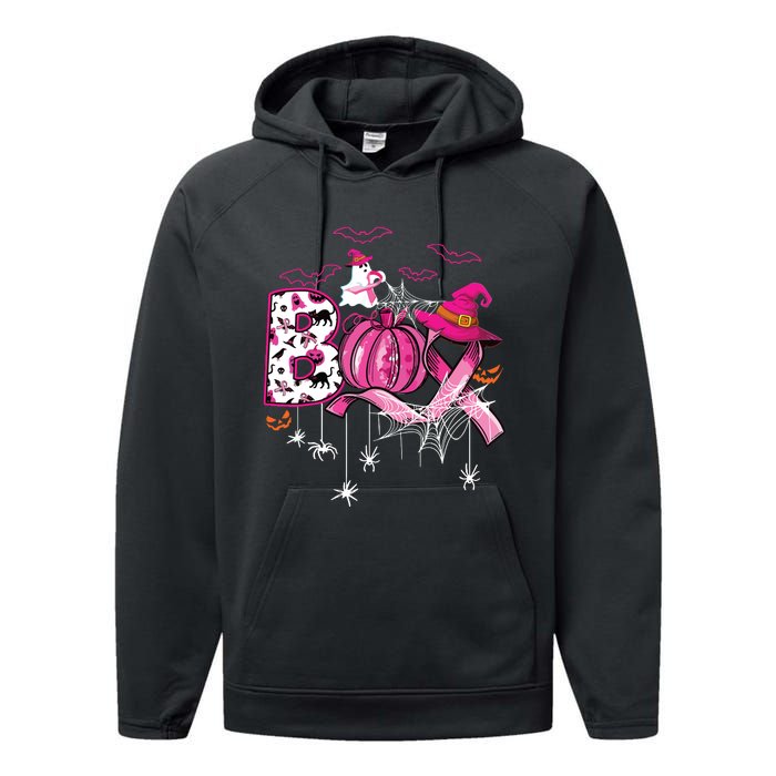 Boo Halloween Pumpkin Ribbon Witch Breast Cancer Performance Fleece Hoodie