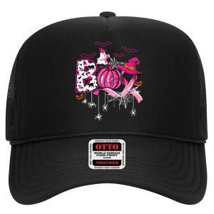 Boo Halloween Pumpkin Ribbon Witch Breast Cancer High Crown Mesh Back Trucker Hat