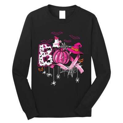 Boo Halloween Pumpkin Ribbon Witch Breast Cancer Long Sleeve Shirt