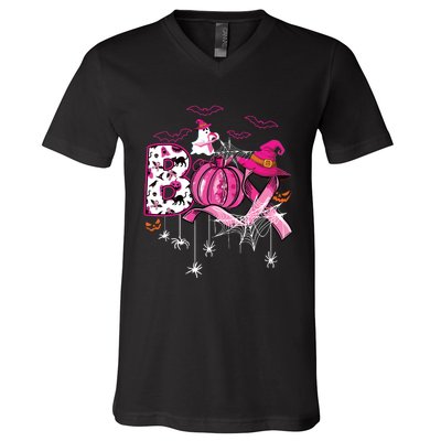 Boo Halloween Pumpkin Ribbon Witch Breast Cancer V-Neck T-Shirt