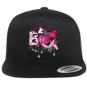 Boo Halloween Pumpkin Ribbon Witch Breast Cancer Flat Bill Trucker Hat