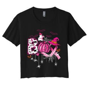 Boo Halloween Pumpkin Ribbon Witch Breast Cancer Women's Crop Top Tee