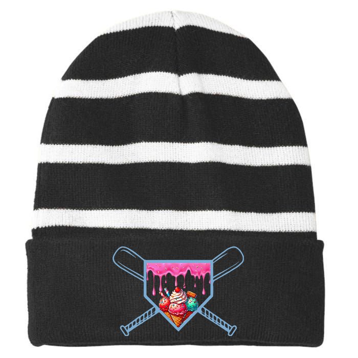 B.A.S.E.B.A.L.L Home Plate Social Club For Boy Ice Cream Drip Striped Beanie with Solid Band