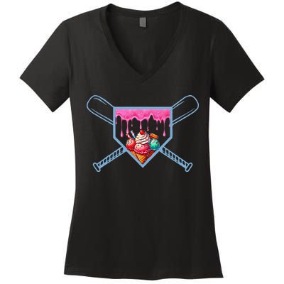 B.A.S.E.B.A.L.L Home Plate Social Club For Boy Ice Cream Drip Women's V-Neck T-Shirt