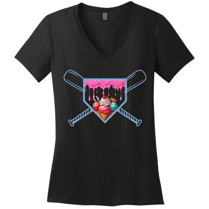 B.A.S.E.B.A.L.L Home Plate Social Club For Boy Ice Cream Drip Women's V-Neck T-Shirt