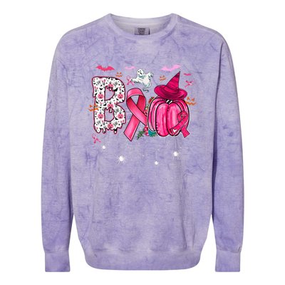 Boo Halloween Pumpkin Pink Ribbon Witch Hat Breast Cancer Colorblast Crewneck Sweatshirt