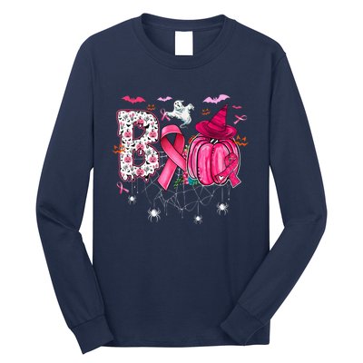 Boo Halloween Pumpkin Pink Ribbon Witch Hat Breast Cancer Long Sleeve Shirt