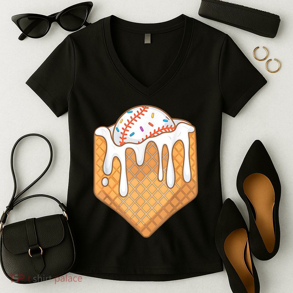 Baseball Home Plate Ice Cream Drip Fun Sports Lover Women's V-Neck T-Shirt