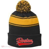 Boston Hometown Pride Throwback Design Print Classic Stripe Pom Pom Beanie