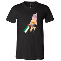 Boy Hold Palestine Flag Palestinians Map JerusalemS City V-Neck T-Shirt