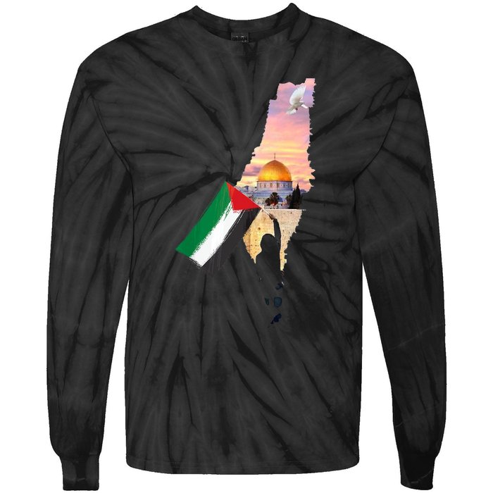 Boy Hold Palestine Flag Palestinians Map JerusalemS City Tie-Dye Long Sleeve Shirt